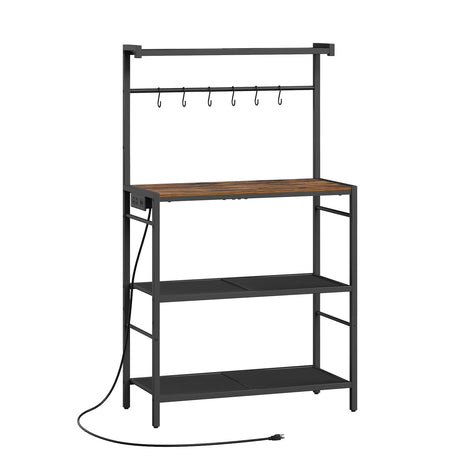 MAHANCRIS Bakers Rack with Storage, Microwave Stand with Power Outlet, Kitchen Storage Shelf with 6 Hooks, Coffee Bar Station 4 Tier, for Kitchen, Dining Room, Rustic Brown and Black BRHR351E01 MAHANCRIS