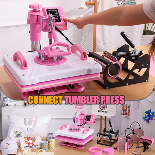 Whubefy 8 in 1 Heat Press Machine for T Shirts 12x15 Inch with Dual-Tube Fast & Evenly Heating System for Mug Plate Hat Cap 360° Swing Away Multifunctional Digital Heat Transfer Sublimation Combo Pink Whubefy