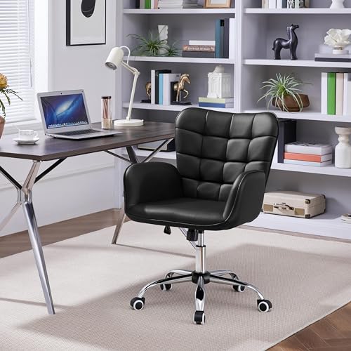 Yaheetech Modern Faux Leather Office Chair Ergonomic Adjustable Computer Chair with Wide Seat, Padded Armrests for Study, Bedroom Black Yaheetech