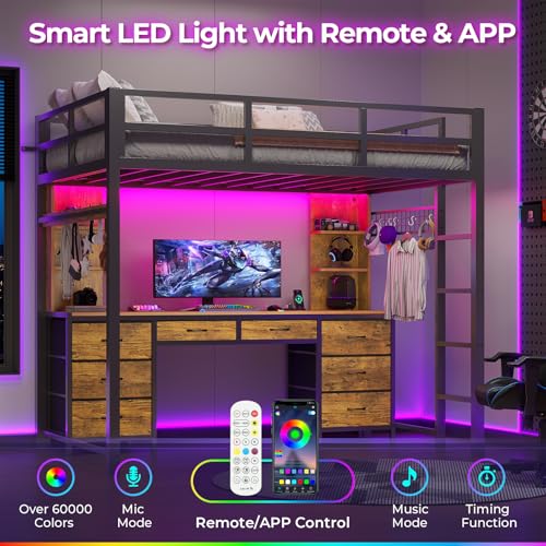 ADORNEVE Twin Loft Bed with Desk and 8 Storage Drawers, Metal Loft Beds Twin with LED Lights & Charging Sation, Storage Shelves & Clothes Rail, Full-Length Guardrail,Rustic Brown ADORNEVE