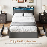 MALOL Bed Frame, Queen Bed Frame with Headboard & Storage Shelf, Metal Platform Bed Frame with 4 Storage Drawers, Built-in Charging Station, Led Light, Wood Bed Frame, No Box Spring Needed, Grey MALOL