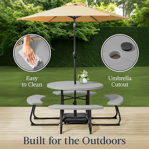 Best Choice Products 8-Person Outdoor Bench Patio Picnic Table, Circular w/ 4 Built-in Benches and Umbrella Hole, 2000lb Capacity - Light Gray Best Choice Products
