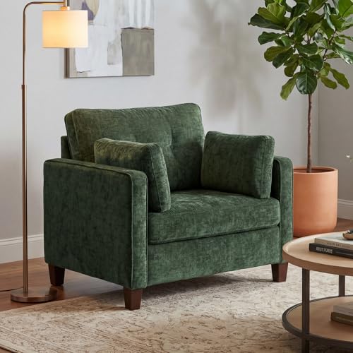 Landassy Home Luxury Oversized Accent Chair, 40.9" Upholstered Comfy Piping Single Armchairs with Comfy Tufted Backrest, Wood Legs, 2 Pillows for Living Room, Bedroom, Chenille, Green