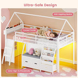 ADORNEVE Low Loft Bed Twin Size with Bookshelf, Reading Nook, LED Kids Loft Bed with 3 Drawers, Under-Bed Play Space, House Loft Beds with Safety Guardrail, Inclined Ladde & Play Curtain, White ADORNEVE