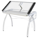 SD Studio Designs 10096 Futura Station with Folding Shelf Top Adjustable Drafting Craft Drawing Hobby Table Writing Studio Desk with Drawer, 35.5'' W x 23.75'' D, White/Clear Glass SD STUDIO DESIGNS