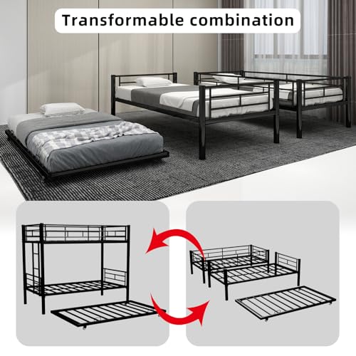 HomeCyber Metal Twin Bunk+Trundle Sleeps 3, Splits into 2 Beds, Reinforced Steel Frame, Noise-Free, Growing Family & Shared Kids Room, No Box Spring, Black HomeCyber
