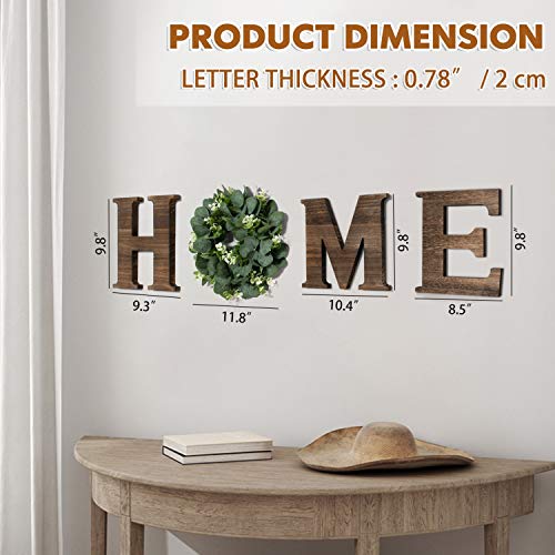 Yoleshy Wooden Home Sign with Artificial Eucalyptus Wreath for O, 9.8'' Home Letters With Wreath For Wall Hanging Decor, Rustic Wall Letters Decor For Living Room, Entry Way, Kitchen, Etc (Brown)