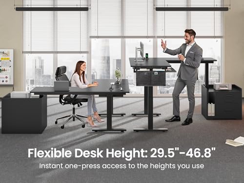 SEDETA L Shaped Electric Standing Desk with File Cabinet, 63 x 53'' Height Adjustable Home Office Computer Desk with Drawers, Power Outlet, Stand up Gaming Table with Led Lights, Keyboard Tray, Black SEDETA