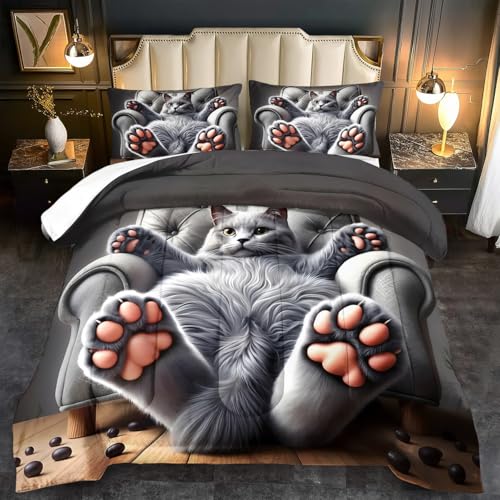 llyxsesty Cute Cat Comforter Set King,Grey Kawaii Cat Bedding Set Adult,Cute Animal Comforter for Boy,American Shorthair Bedding Grey,Kawaii Animal Print Quilt Bedroom Decor Kids llyxsesty