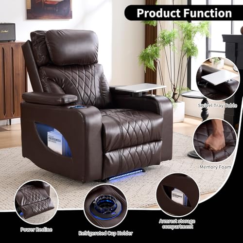 Zuacs Power Recliner Home Theater Seating with Cooling Cup Holder and Massage Heating, Blue Color Ambient Lighting Recliner Chair,Movie Sofa with Tray Table, USB Charging & Manual Headrest, Brown