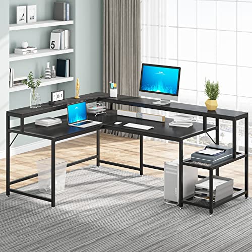 Tribesigns 69 Inch L Shaped Desk with Monitor Stand, Large Reversible Corner Desk with Storage Shelf, Industrial Computer Table Writing Desk for Home Office, Black Tribesigns