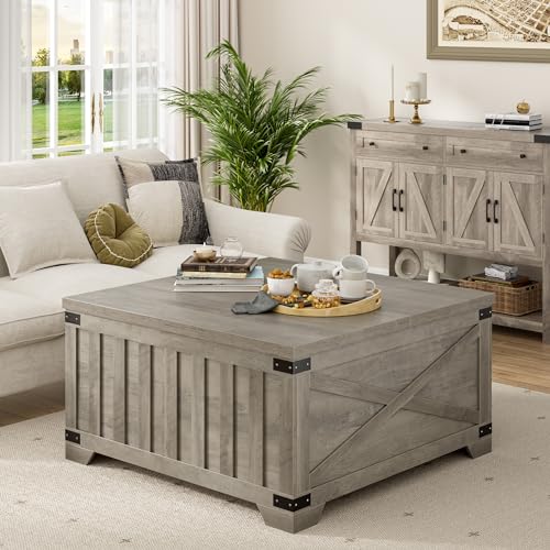 HOSTACK Farmhouse Coffee Table with Storage, 35.4" Square Center Table with Hinged Lift Top, Vintage Wood Cocktail Table with Thickened Top for Living Room, Home (Ash Gray) - WoodArtSupply