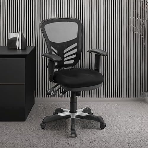 Flash Furniture Nicholas Mid-Back Swivel Desk Chair with Wheels, Mesh Back, Padded Seat, and Armrests, Adjustable Height Mesh Ergonomic Office Chair, Black Flash Furniture