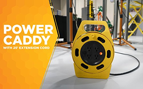 Woods 2801 Extension Reel with Four 3-Prong Power Outlets; Heavy Duty Retractable Cord; User Friendly; Made of Flame Resistant Materials; 10 AMP Circuit Breaker; 25 Foot; Yellow; Orange - WoodArtSupply