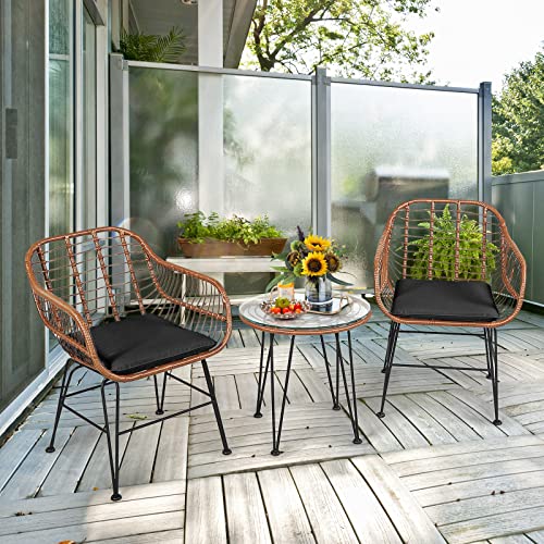 Tangkula 3 Pieces Patio Conversation Bistro Set, Outdoor Wicker Furniture w/Round Tempered Glass Top Table & 2 Rattan Armchairs, Bistro Chat Set w/Seat Cushions for Porch, Backyard, Garden Tangkula