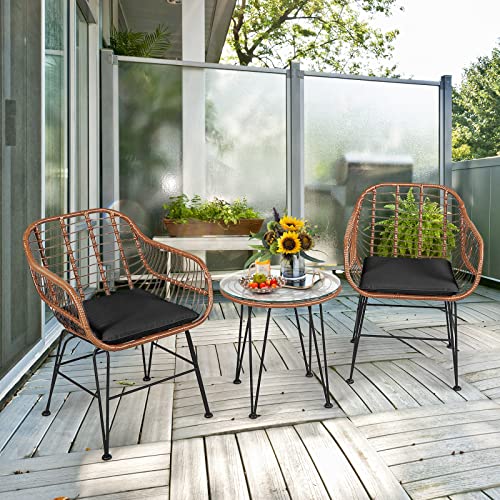 Tangkula 3 Pieces Patio Conversation Bistro Set, Outdoor Wicker Furniture w/Round Tempered Glass Top Table & 2 Rattan Armchairs, Bistro Chat Set w/Seat Cushions for Porch, Backyard, Garden - WoodArtSupply