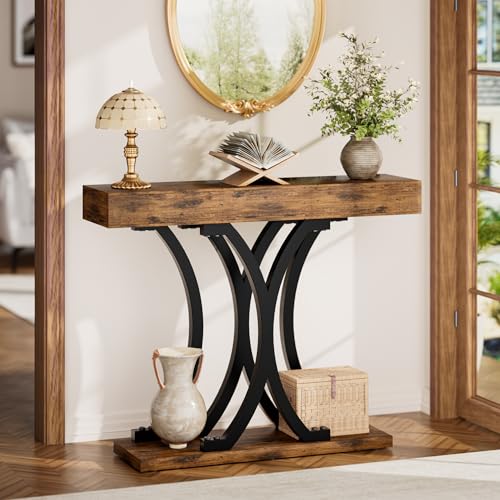 JUSTOGO 43.3" Console Table for Entryway, Industrial Sofa Table Entryway Table, Narrow Wood Accent Tables X-Shaped Metal Hallway Table for Living Room, Small Spaces, Entrance, Foyer, Rustic Brown JUSTOGO
