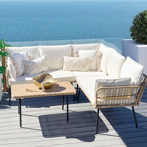 YITAHOME 4 Pieces Patio Furniture Set, Outdoor Rattan Woven Conversation Sectional L-Shaped Sofa with 5 Seater for Backyard, Porch, Boho Detachable Lounger with Cushions and Side Table - Beig - WoodArtSupply