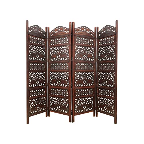 Room Divider Wood Screen - Elephant Hathi Walnut Brown - 4 Panel Fording 72x80 - Intricate Carved Room Décor Boho Portable Partition Privacy Screen Small Spaces Reversible Freestanding - COTTON CRAFT COTTON CRAFT