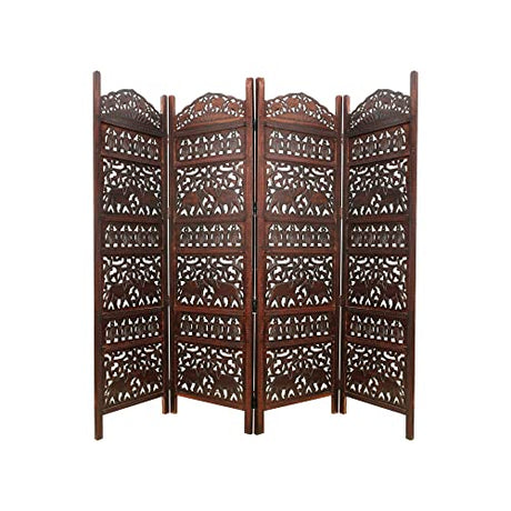 Room Divider Wood Screen - Elephant Hathi Walnut Brown - 4 Panel Fording 72x80 - Intricate Carved Room Décor Boho Portable Partition Privacy Screen Small Spaces Reversible Freestanding - COTTON CRAFT COTTON CRAFT