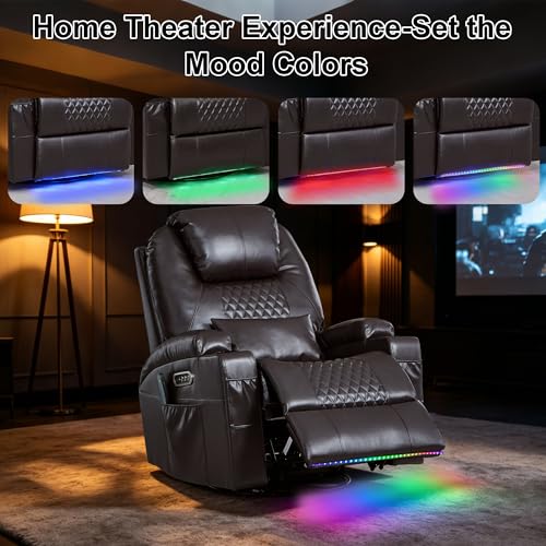 Dual Motor Power Swivel Rocker Recliner Chair for Adults with Heat and Massage,Electric Wall Hugger Glider Rocking Recliner for Nursery Living Room with LED Lights,USB A&C Ports(Brown, Single)