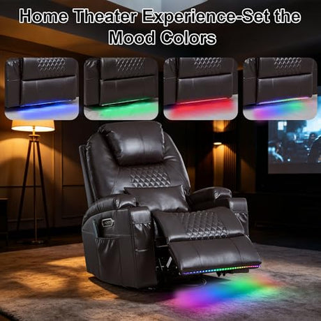 Dual Motor Power Swivel Rocker Recliner Chair for Adults with Heat and Massage,Electric Wall Hugger Glider Rocking Recliner for Nursery Living Room with LED Lights,USB A&C Ports(Brown, Single) DUNELLA