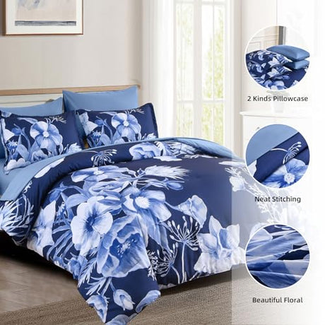 Luxudecor Floral Comforter Set King Size 7 Piece, Navy Blue Flower Bed in a Bag, Elegant Floral Comforter with Sheet Set, Soft Microfiber Bedding Set for All Season (Navy Blue, 104"x90") Luxudecor