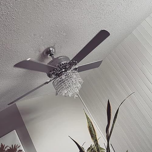 Moooni 52 Inch Modern Crystal Ceiling Fan with Lights and Remote, Elegant Chandelier Fan Light KIt Fandelier with 5 Wooden Blades for Bedroom Living Room Silver Moooni