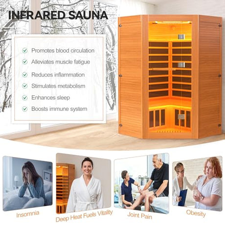 HUGROVE 2-3 Person Low EMF FAR Infrared Sauna for Home, Indoor Canadian Hemlock Dry Heat Sauna Kit with Bluetooth Speakers, LED Lights & Smart Control Panel HUGROVE