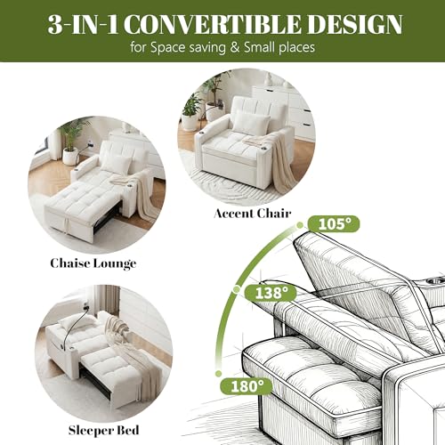 ERYE 3-in-1 Convertible Sleeper Sofa Bed with Pull Out Sleeper Couch Bed & Reclining Backrest, Modern Single Lounge Chair Convertible Tufted Sofabed for Home Apartment