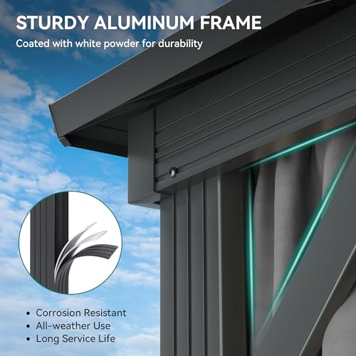 YITAHOME 12x16ft Hardtop Gazebo with Nettings and Curtains, Heavy Duty Double Roof Galvanized Steel Outdoor Combined of Vertical Stripes Roof for Patio, Backyard, Deck, Lawns, Gray YITAHOME