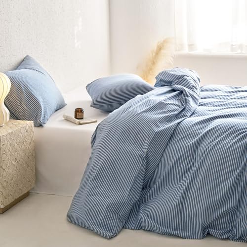 Wake In Cloud - Striped Cotton Duvet Cover Set, 100% Washed Cotton Textured Percale Bedding Set, Ticking Stripe Pinstripe Farmhouse, 3 Pieces, Denim Blue, Full Size Wake In Cloud