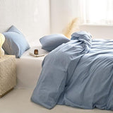 Wake In Cloud - Striped Cotton Duvet Cover Set, 100% Washed Cotton Textured Percale Bedding Set, Ticking Stripe Pinstripe Farmhouse, 3 Pieces, Denim Blue, Full Size Wake In Cloud