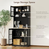 HOMCOM Kitchen Pantry Storage Cabinet, 72" Freestanding Cabinet with Hutch, Large Countertop, Glass Doors and Adjustable Shelves for Dining Room, Black HOMCOM