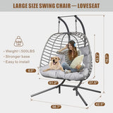 Double Hanging Egg Chair wth Stand, Patio Hammock Swing Chair with Cushion Loveseat for Bedroom, Balcony, Garden, Indoor, Outdoor HWB