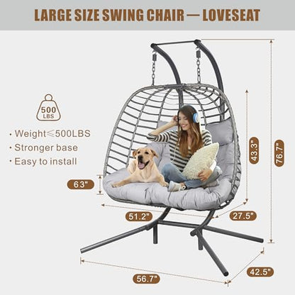 Double Hanging Egg Chair wth Stand, Patio Hammock Swing Chair with Cushion Loveseat for Bedroom, Balcony, Garden, Indoor, Outdoor - WoodArtSupply