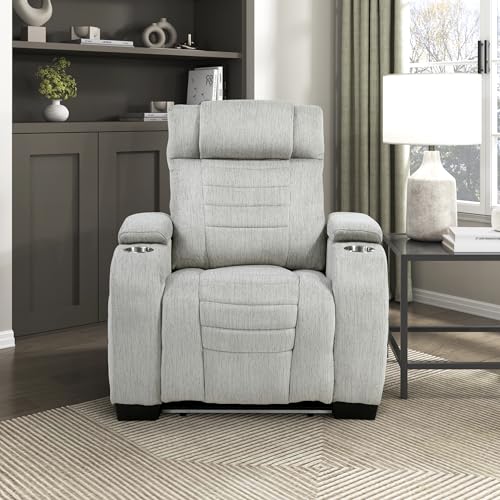 Lexicon Wall Hugger Manual Reclining Chair, Microfiber Manual Recliner with Cup Holders/Hidden Arm Storage/LED Base Lighting, Home Theater Seating for Living Room, Light Gray