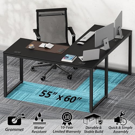SHW 55 x 60 Inches Commercial-Grade L-Shape Corner Office Computer Desk, Black SHW