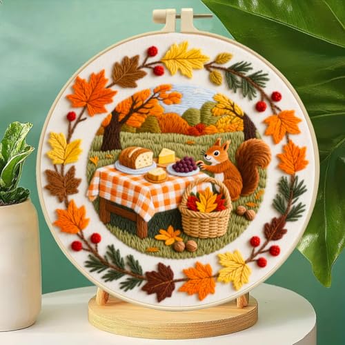 Zhenqing Autumn Picnic Squirrel Embroidery Kit for Beginners - Complete Set with Pre-Printed 29x29cm Cotton Fabric, Hoop, Threads & Tools(C0141)