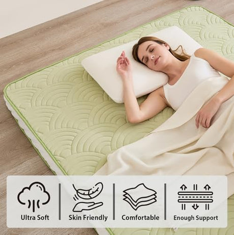 Zelladorra Japanese Floor Mattress, Quilted Futon Mattress with Anti-Slip Bottom, Foldable Floor Bed with Storage Bag and Straps, (Green, Queen) Zelladorra
