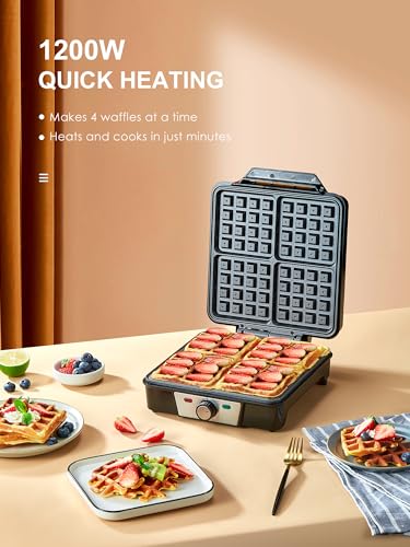 Belgian Waffle Maker 4 Slices, 1200W Waffle Iron, Anti-Overflow Waffle Iron with Browning Knob, Nonstick Plates, Indicator Lights, Silver/Black Reemix