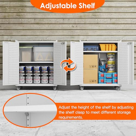 Aobabo Metal Garage Storage Cabinet on Wheels,2 Doors Storage Cabinet with Wheels for Garage,Assembly Required,White Aobabo