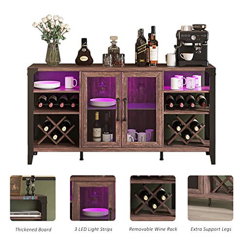 Vabches Wine Bar Cabinet for Liquor and Glasses, Farmhouse Coffee Bar Cabinet with LED Strip, Liquor Cabinet Bar, Sideboard Buffet Cabinet with Storage, 58 in(L)