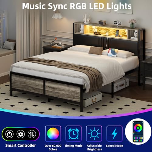Full Size Bed Frame with LED Light and Charging Station, Full Size Platform Bed Frame with Strong Metal Slat Support, Upholstered Headboard, No Box Spring Needed, Noise-Free, Easy Assembly, Wash Grey IMMERSTABLE