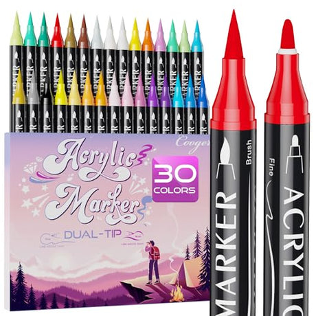 30 Colors Dual Tip Acrylic Paint Markers,Fine Tip and Brush Tip Permanent Acrylic Paint Pens For Rock Painting, Canvas, Wood, Glass, Ceramic, Fabric, Plastic, Egg, Scrapbook,Art Painting Supplies Kit Coogert