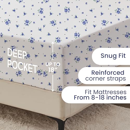 Twin Fitted Sheet,Microfiber Patterned Fitted Sheet Deep Pocket 18 Inches, Ultra Soft & Wrinkle Resistant Twin Deep Pocket,Blue Floral Hylnosia