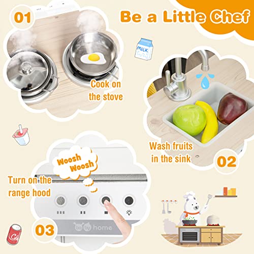 HONEY JOY Corner Kids Kitchen Playset, Little Chef Wooden Play Kitchen for Toddlers, Water Dispenser, Microwave, Range Hood, Refrigerator, Cookware, Modular Pretend Toy Kitchen Set w/Lights & Sounds HONEY JOY