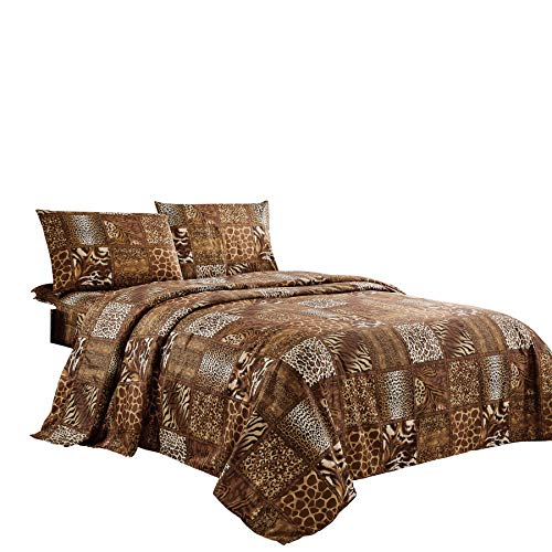 WPM 4 Piece Animal Print Sheet Set, Chocolate Brown Leopard Zebra Giraffe Jungle Forest Theme Flat Fitted Sheets with Pillow Sham Queen Size Bedding- Safari Design (Brown, Queen) WPM WORLD PRODUCTS MART