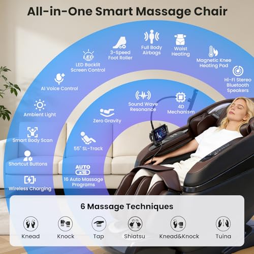 KTENTITO 4D Music Rhythm Massage Chair Full Body, 2026 Unique Sonic Resonance Zero Gravity SL-Track Shiatsu Recliner with Knee Heating Blanket AI Voice Bluetooth Foot Roller Body Scan Airbags G9 Black KTENTITO