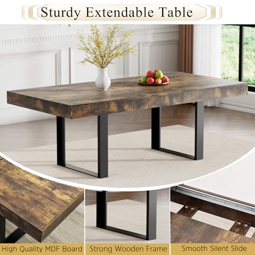 Goujxcy 7-Piece Extendable Dining Table Set for 6, 63-78 Inch Rustic Brown Kitchen Table Set with 6 Grey Tufted Chairs Farmhouse Wood Expandable Dining Room Table Set 6 for Kitchen Dining Goujxcy